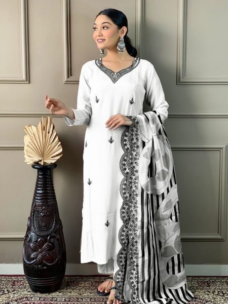 White Color Chanderi Viscose Embroidery Kurti Pant With Dupatta  3 Piece Kurti Set