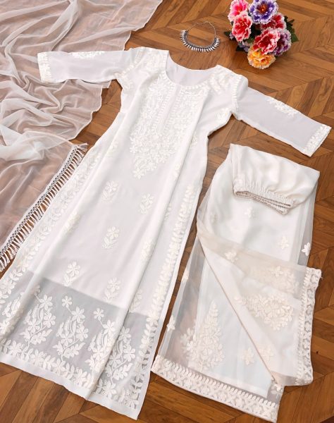 White Color Chikankari Embroidery Work Kurti Set Lucknowi Chikankari Kurtis Wholesale