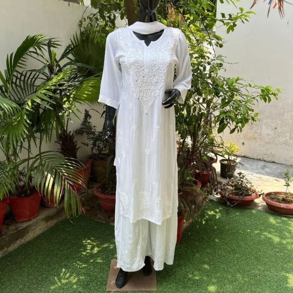 White Color Chikankari Embroidery Work Kurti Set Lucknowi Chikankari Kurtis Wholesale