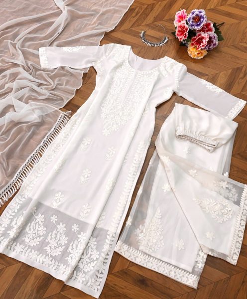 White Color Chikankari Embroidery Work Kurti Set Lucknowi Chikankari Kurtis Wholesale