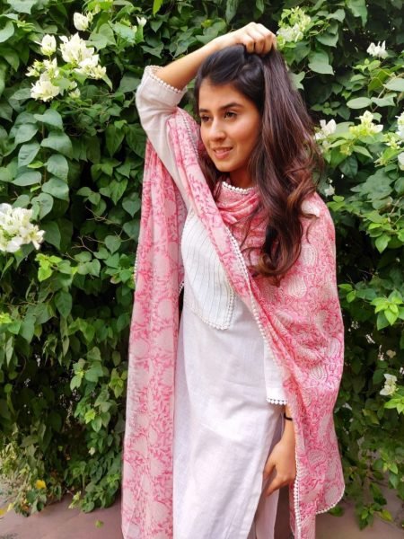 White Color Cotton Kurti Pant With Chanderi Dupatta  3 Piece Kurti Set