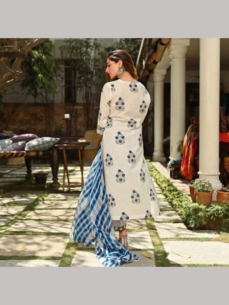 White Color Cotton Kurti Pant With Dupatta 3 Piece Kurti Set