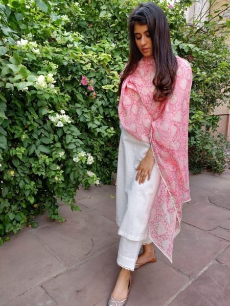 White Color Cotton Kurti Pant With Chanderi Dupatta  3 Piece Kurti Set