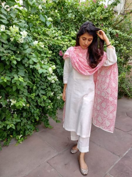 White Color Cotton Kurti Pant With Chanderi Dupatta  3 Piece Kurti Set