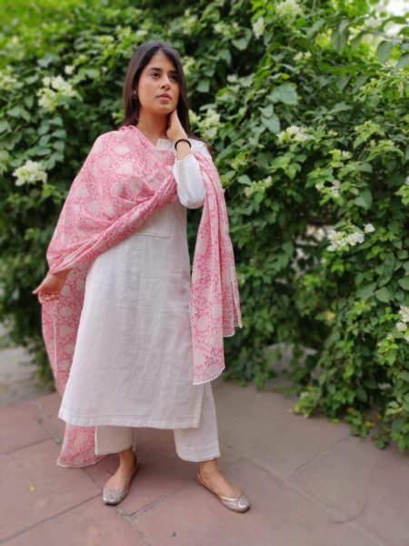 White Color Cotton Kurti Pant With Chanderi Dupatta  3 Piece Kurti Set