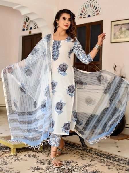 White Color Cotton Printed Kurti Pant With Dupatta 3 Piece Kurti Set