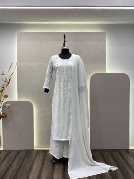 White Color Cotton Thread Embroidery Work Plazzo Suit 3 Piece Kurti Set