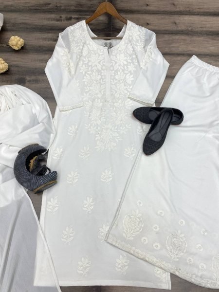 White Color Cotton Thread Embroidery Work Plazzo Suit 3 Piece Kurti Set