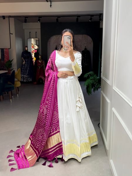 White Color Dyeing With Lagdi Patta Gaji Silk Lehenga Choli  Navratri Lehnega Choli