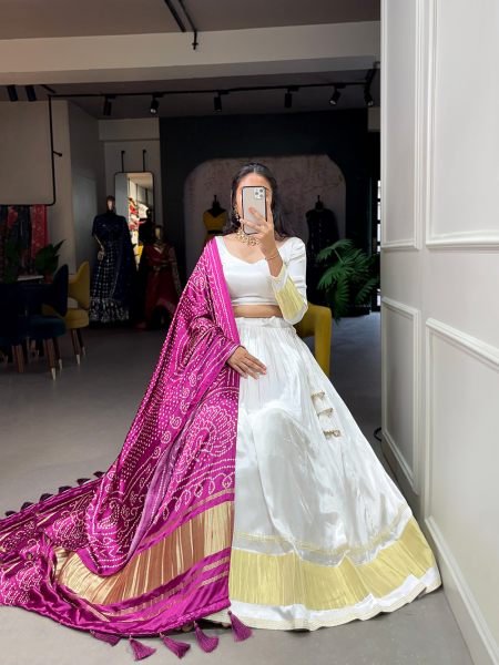 White Color Dyeing With Lagdi Patta Gaji Silk Lehenga Choli  Navratri Lehnega Choli