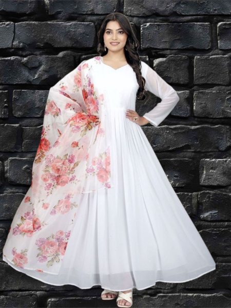 White Color Faux  Georgette Anarkali Suit With Beautiful Dupatta Salwar Kameez