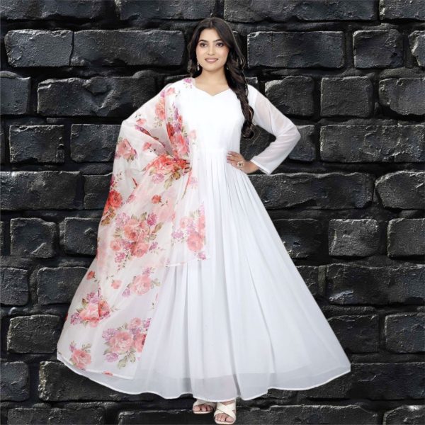 White Color Faux  Georgette Anarkali Suit With Beautiful Dupatta Anarakali Gown Wholesale