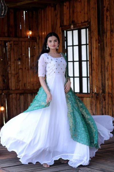 White Color Faux Georgette Gown With Bandhej Printed Dupatta  Kurti With Dupatta Wholesale