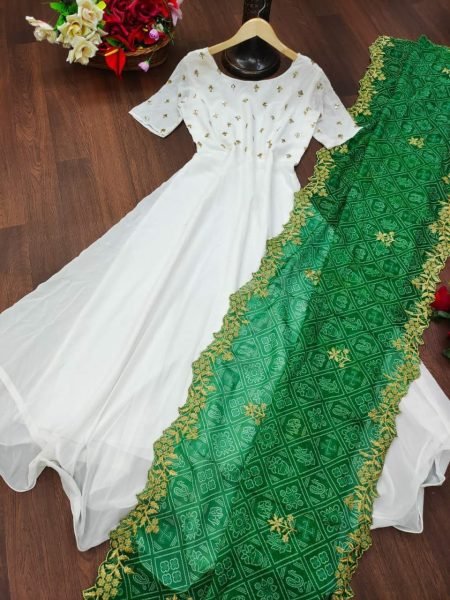 White Color Faux Georgette Gown With Bandhej Printed Dupatta  Kurti With Dupatta Wholesale