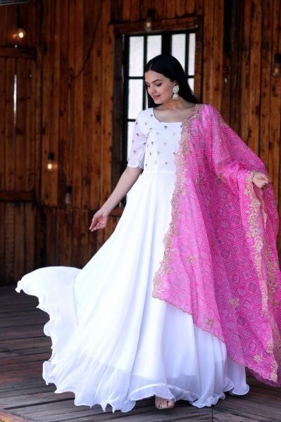 White Color Faux Georgette Gown With Bandhej Printed Dupatta  Kurti With Dupatta Wholesale
