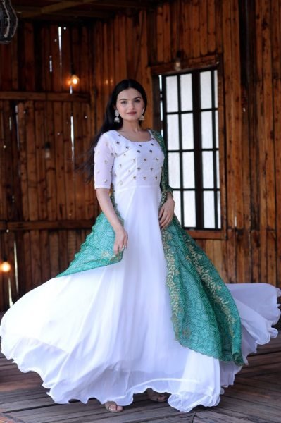 White Color Faux Georgette Gown With Bandhej Printed Dupatta  Kurti With Dupatta Wholesale