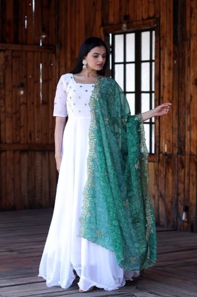 White Color Faux Georgette Gown With Bandhej Printed Dupatta  Kurti With Dupatta Wholesale