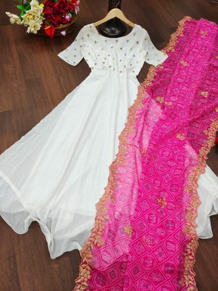 White Color Faux Georgette Gown With Bandhej Printed Dupatta  Kurti With Dupatta Wholesale