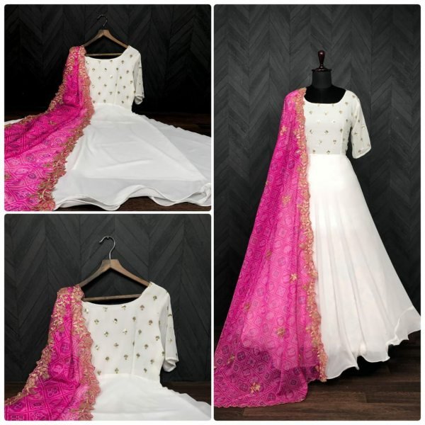 White Color Faux Georgette Gown With Bandhej Printed Dupatta  Kurti With Dupatta Wholesale