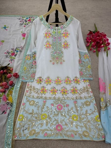 White Color Faux Georgette Sequence Work Sharara Suit  3 Piece Kurti Set