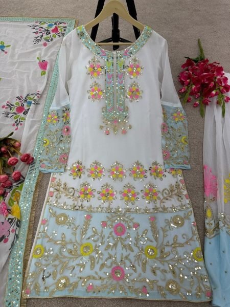 White Color Faux Georgette Sequence Work Sharara Suit  3 Piece Kurti Set