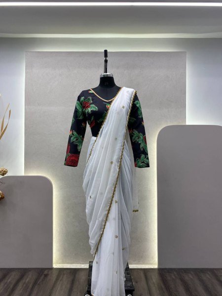 White Color Faux Georgette Sequence Saree And Heavy Lace Work Georgette Sarees Wholesale