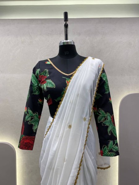 White Color Faux Georgette Sequence Saree And Heavy Lace Work Georgette Sarees Wholesale
