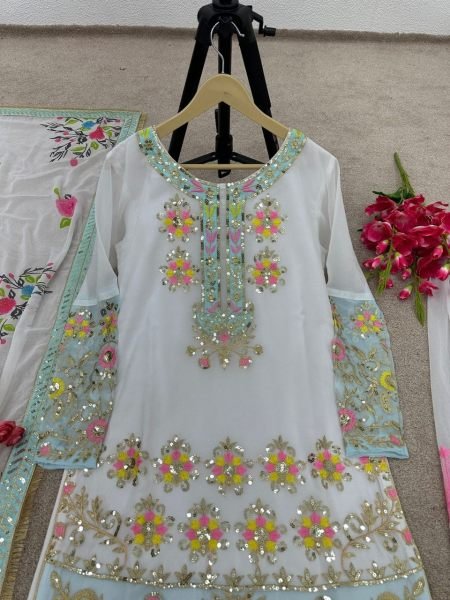 White Color Faux Georgette Sequence Work Sharara Suit  3 Piece Kurti Set