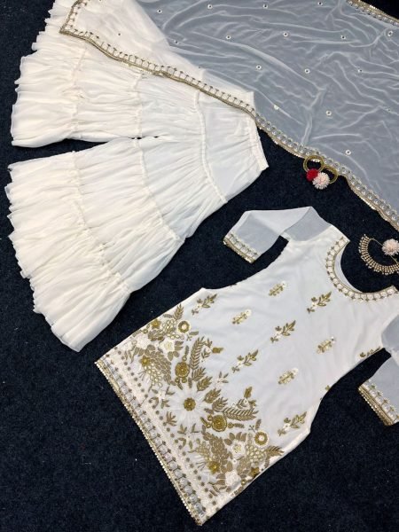 White Color Faux Georgette Sharara Suit With Sequence Work  Ready To Wear Collection