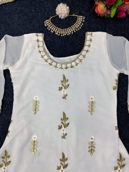 White Color Faux Georgette Sharara Suit With Sequence Work  Ready To Wear Collection