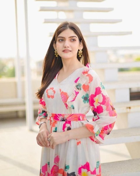 White Color Flower Printed Fox Georgette Gown With Ruffle Work  Anarkali Kurtis 