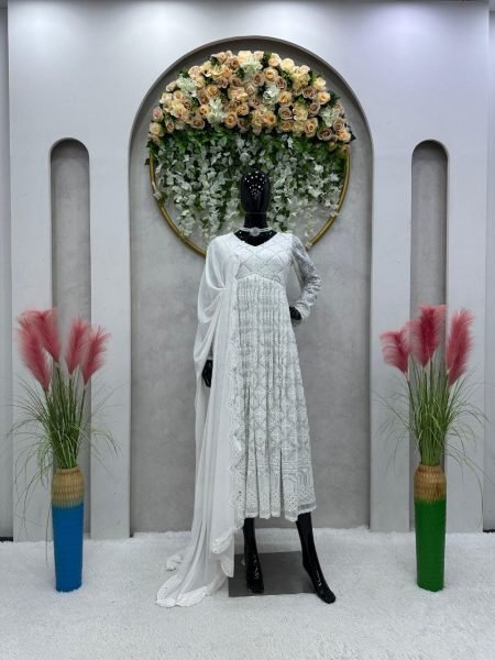 White Color Fox Georgette Embroidered Kurti With Dupatta  Kurti With Dupatta Wholesale
