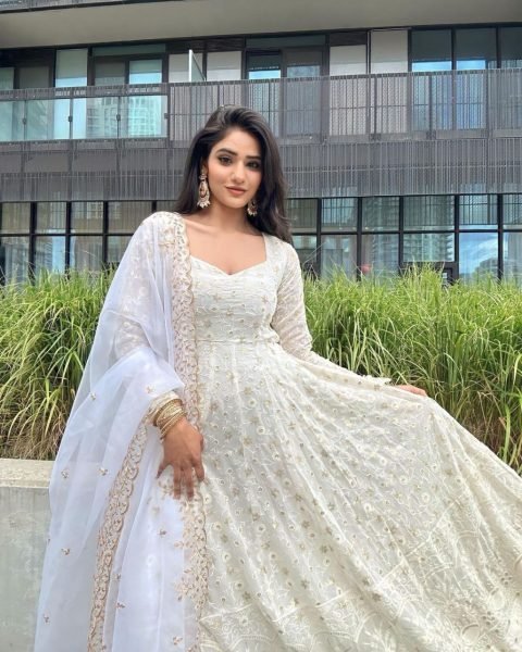 White Color Fox Georgette Sequence Work Anarkali Gown With Dupatta Ready To Wear Collection