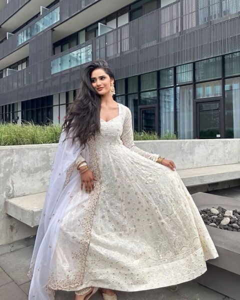 White Color Fox Georgette Sequence Work Anarkali Gown With Dupatta Ready To Wear Collection