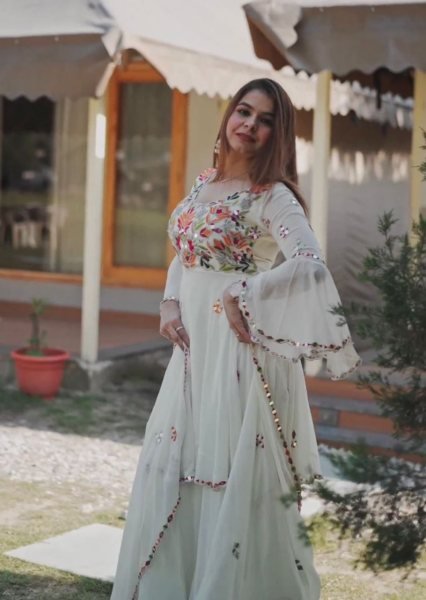 White Color Fox Georgette Sharara Set With Embroidery   Mirror Work  Ready To Wear Collection