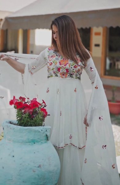 White Color Fox Georgette Sharara Set With Embroidery   Mirror Work  Ready To Wear Collection
