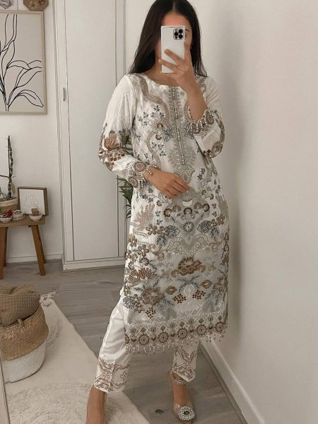 White Color Fox Georgette Suits With Embroidery Work  Ready To Wear Suit