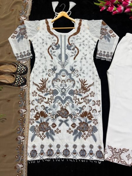 White Color Fox Georgette Suits With Embroidery Work  Ready To Wear Collection