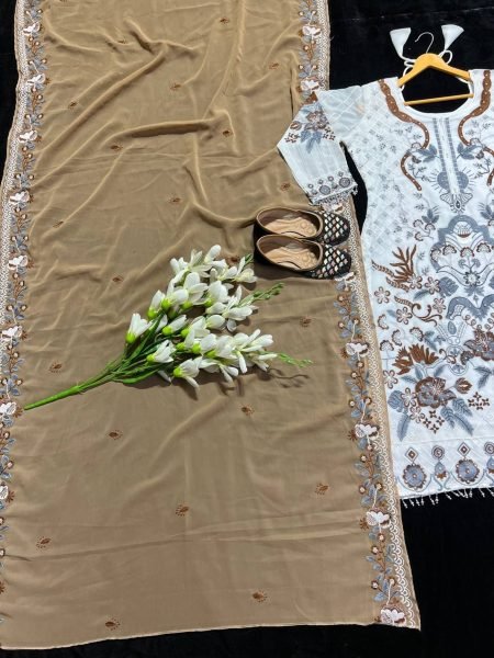 White Color Fox Georgette Suits With Embroidery Work  Ready To Wear Collection