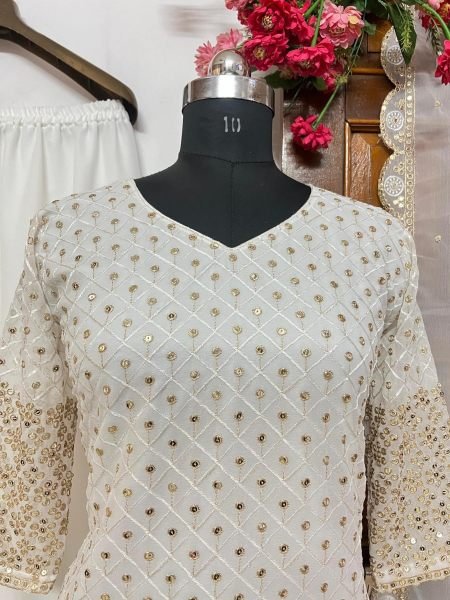 White Color Georgette Embroidery Work Plazzo Suits  Ready To Wear Collection