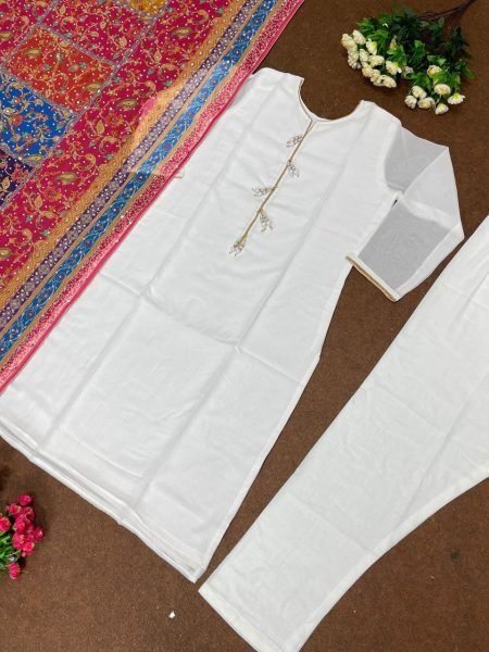 White Color Georgette Kurti Pant With Heavy Dupatta Ready To Wear Collection
