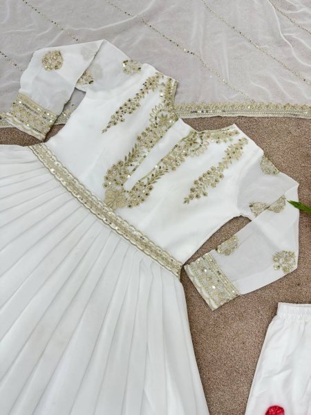 White Color Georgette Sequence Embroidery Work Gown Pant With Dupatta  Ready To Wear Collection