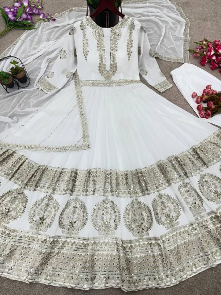 White Color Georgette Sequence Embroidery Work Gown Pant With Dupatta  Ready To Wear Collection