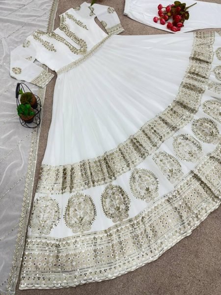 White Color Georgette Sequence Embroidery Work Gown Pant With Dupatta  Ready To Wear Collection
