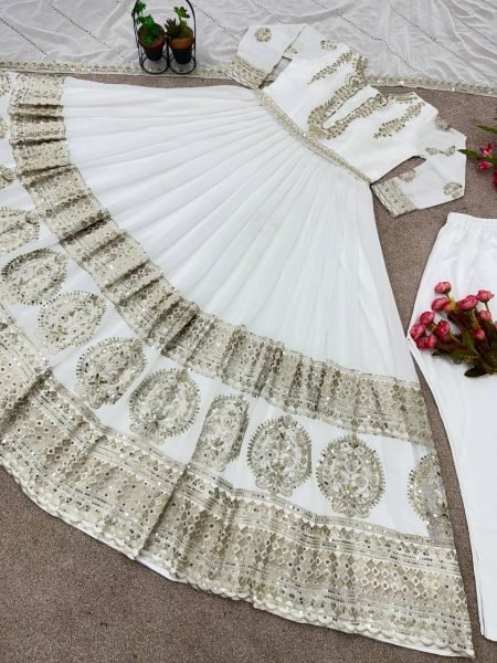 White Color Georgette Sequence Embroidery Work Gown Pant With Dupatta  Ready To Wear Collection