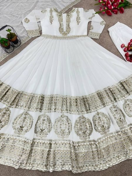 White Color Georgette Sequence Embroidery Work Gown Pant With Dupatta  Ready To Wear Collection