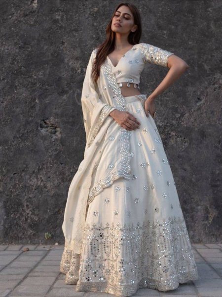 White Color Heavy Embroidery Work Lehenga Choli   Lehenga