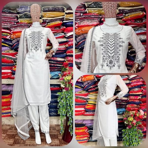 White Color Heavy Pure Muslin Cotton Kurti Pant Set  3 Piece Kurti Set