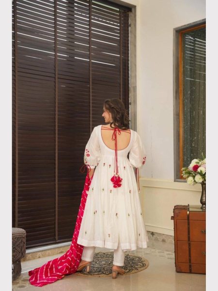 White Color Muslin Anarkali Pant With Leheriya Dupatta Anarkali Kurtis 