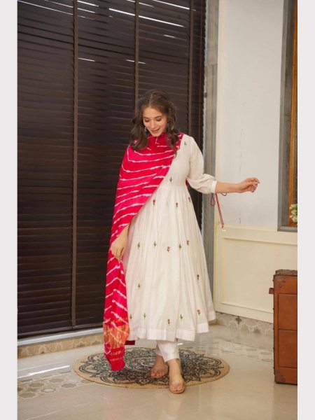 White Color Muslin Anarkali Pant With Leheriya Dupatta Anarkali Kurtis 